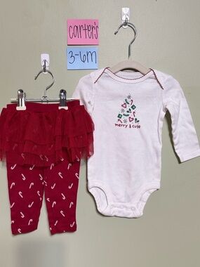 NWOT Carter's White Bodysuit with Red Tulle Skirted Candy Cane Leggings, 3-6M